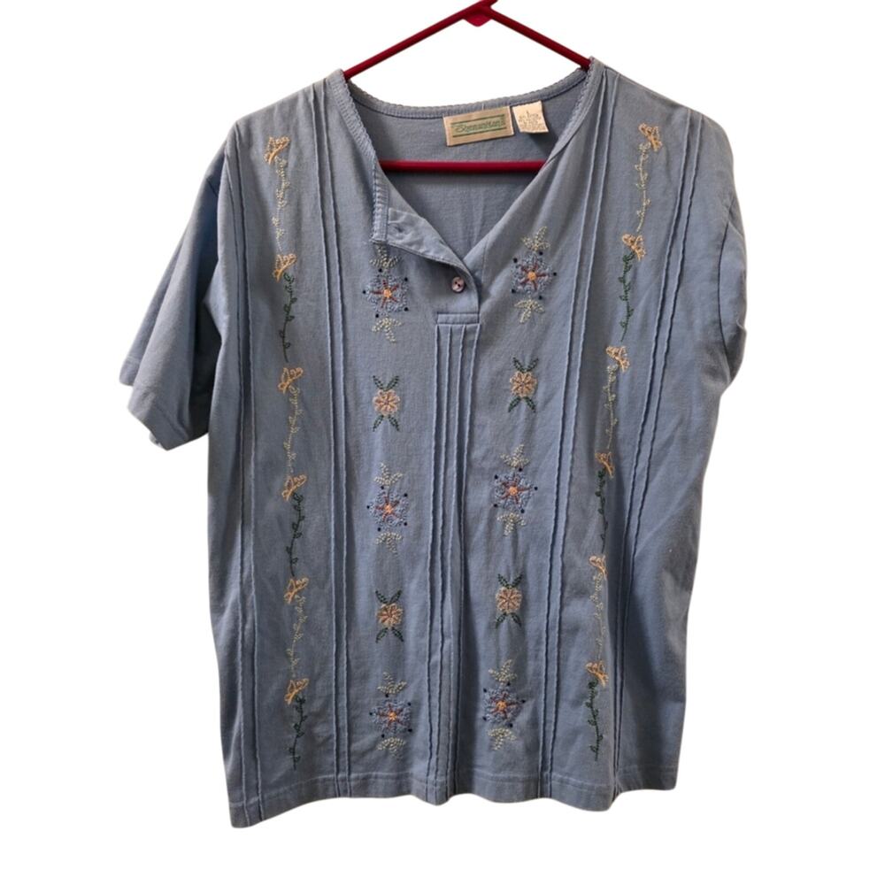 Vtg Floral Embroidered Soft Blue Blouse Cotton T-Shirt Shenanigans Spring Summer